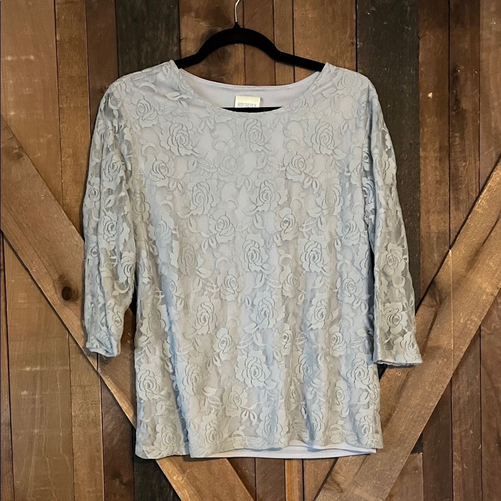 Bedford Fair Light Gray Floral Lace Blouse
